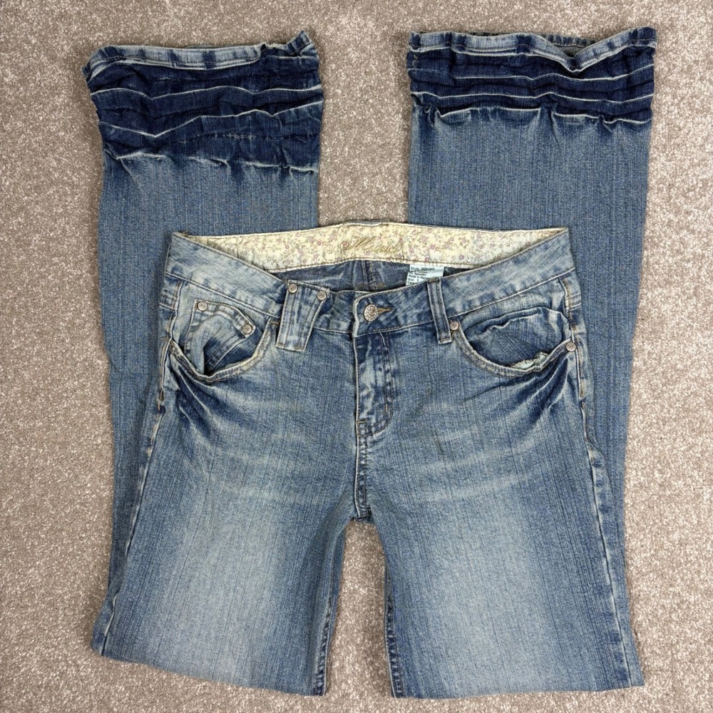 Mudd Y2K Low Rise Flare Jeans Ruffle Hem Medium Wash Size 7 JA0408D1